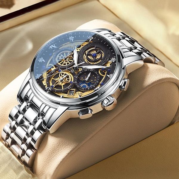 

wristwatches 2021 fashion men's watch stainless steel waterproof sports chronograph quartz relogio masculino, Slivery;brown