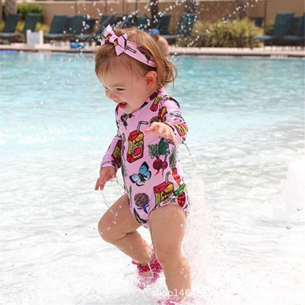

baby swimwear beachwear girls sun protection printing long sleeve cute ruffle one-piece swimsuit headband d14# one-pieces, Black