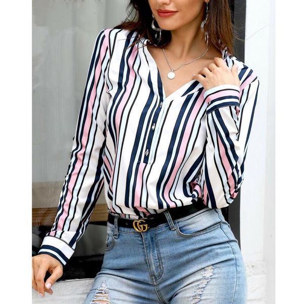 

women long sleeve loose shirts ol clothes plain casual button blouse office lady autumn spring v-neck striped women's blouses &, White