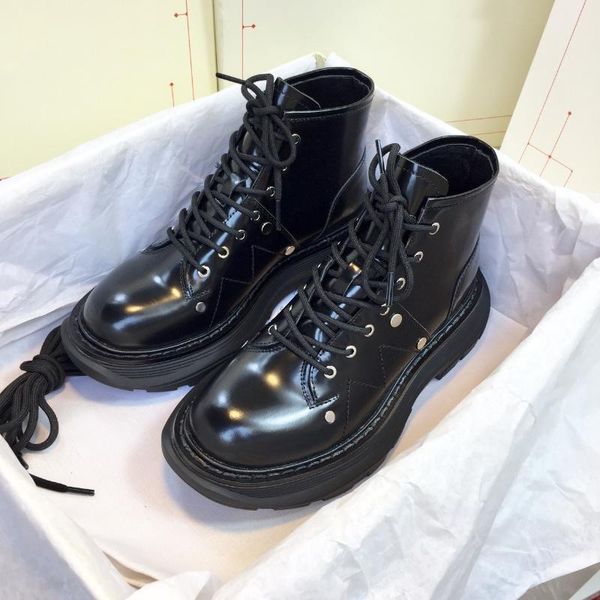 

boots autumn winter platform women shoes genuine leather ankle lace-up sewing designer botas de mujer, Black