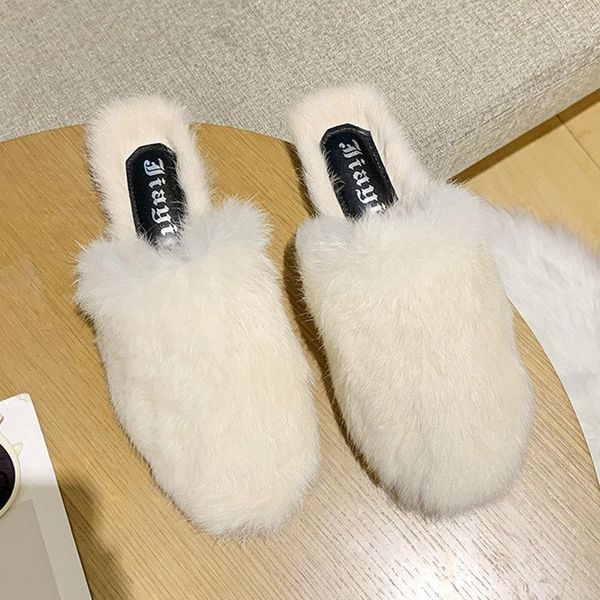 

slippers b3 girls faux fur solid colours ladies leisure slingback slides woman flat heels shoes women outdoor fashion dress shoe, Black
