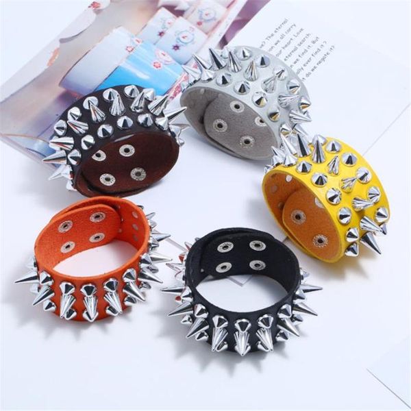 

charm bracelets three row cuspidal spikes rivet stud wide cuff leather punk gothic rock bangle bracelet men jewelry, Golden;silver