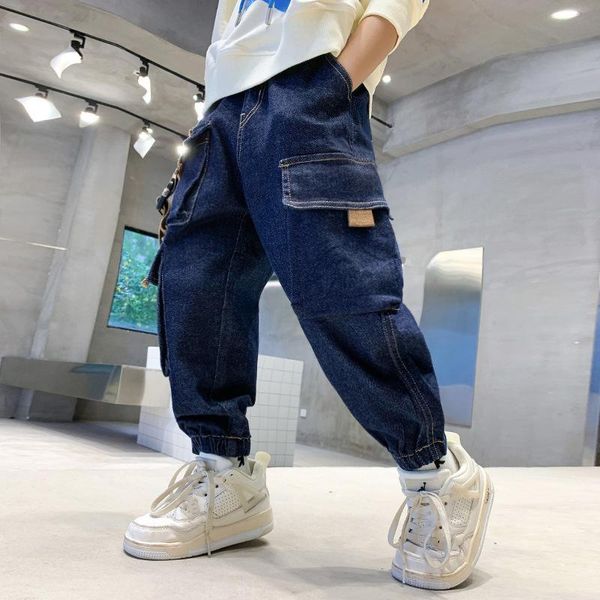 

trousers children blue cargo pants boys elastic waist jeans kids casual teens loose big pocket denim 5 6 7 8 9 10 11 y