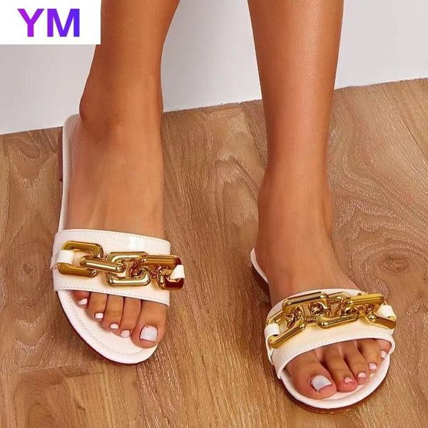 

summer women's sandals flats metal chain ladies slides square toe plus size beach slip on female footwear zapatillas mujer, Black