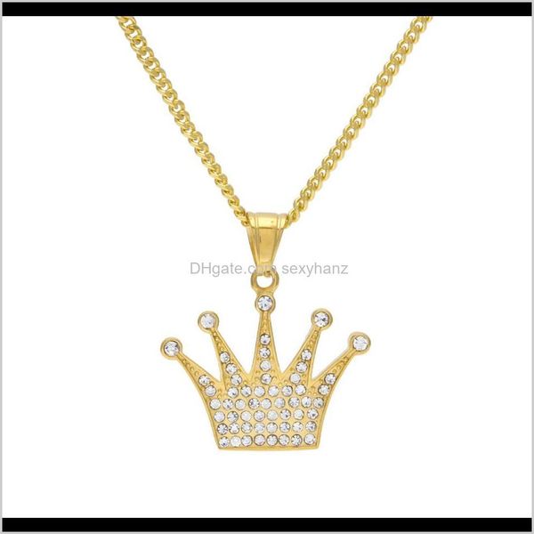 Halsketten Anhänger Drop Lieferung 2021 Edelstahl Krone Anhänger Gold Männer Frauen Titan Iced Out Bling Strass Kristall Hip Hop Neckl