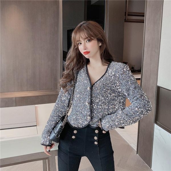 

short coat spring 2021 fashion korean style wild small cardigan sequined long-sleeved women's clothingly388 jackets, Black;brown