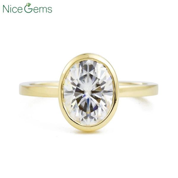 

cluster rings nicegems 14k yellow gold bezel oval moissanite engagement ring center 1.5 6x8mm cut d color for women, Golden;silver