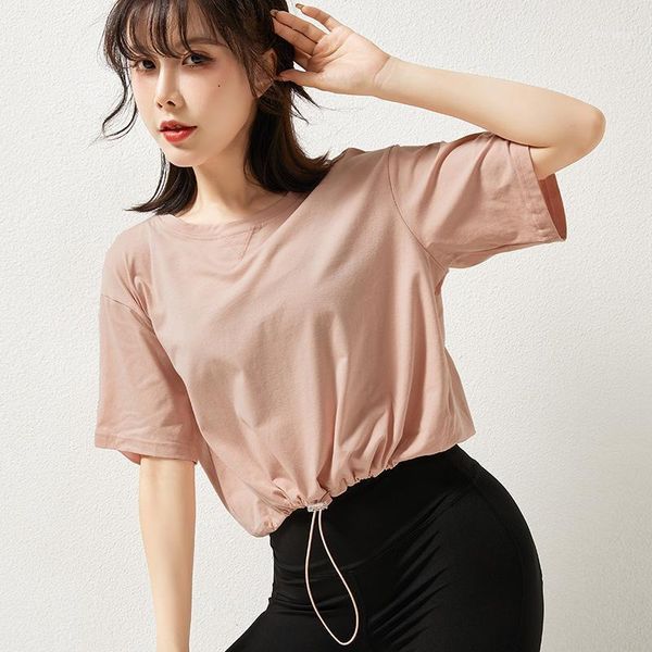 

yoga outfit summer clothes loose drawstring short-sleeved t-shirt slim quick-drying running fitness sportswear women crop