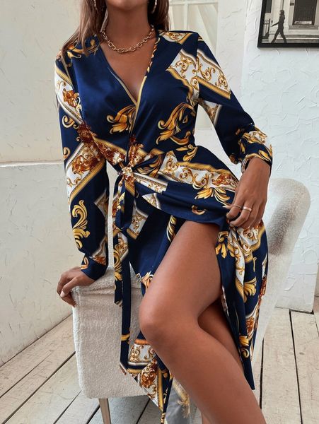 

sxy baroque print surplice neck knot side wrap dress f0sm#, Black;gray
