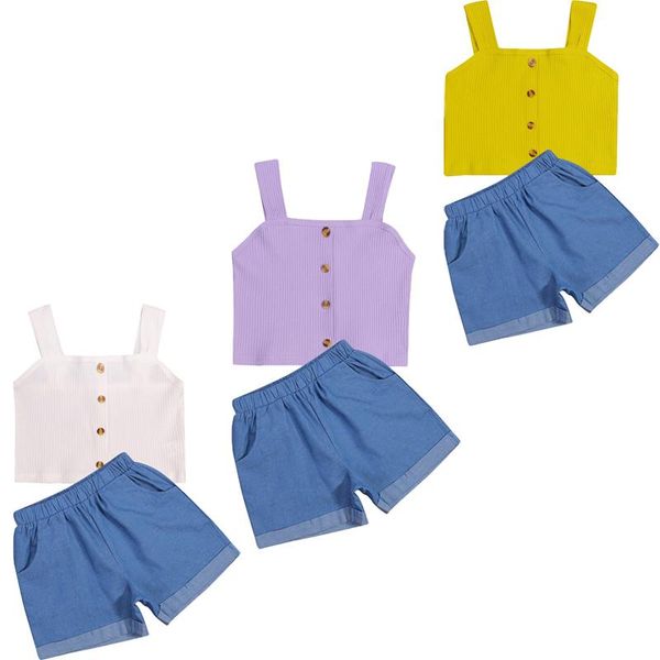 

2-7y summer infant kids girls clothes sets solid strap sleeveless single breasted vest denim shorts clothing, White
