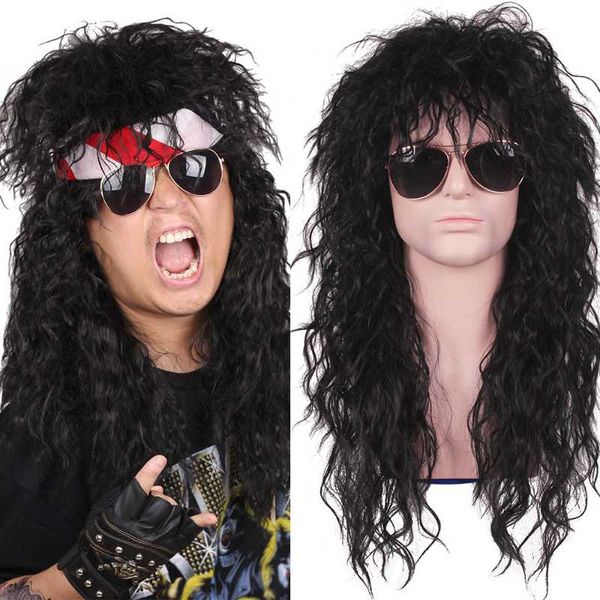 

synthetic wigs fgy men's long curly hair 80 years old punk fashion fluffy cosplay wig black smart rocker style halloween party