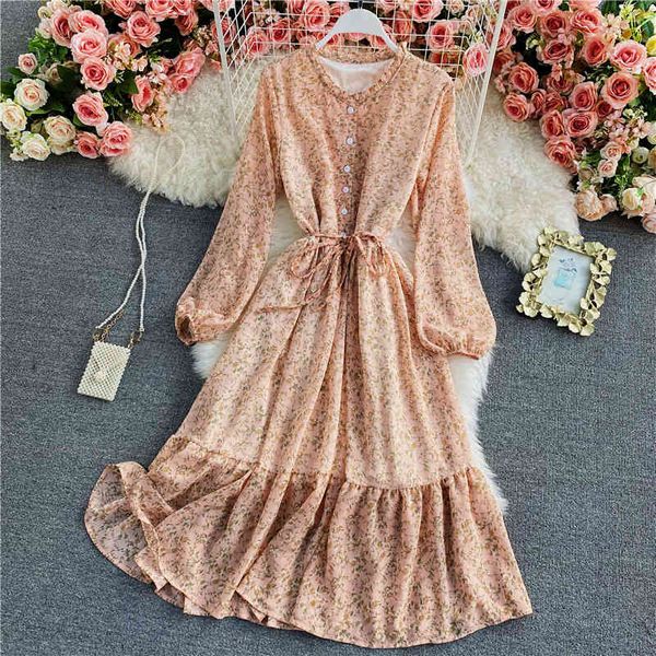 

dresses women french floral sweet sleeve o neck lace up a-line es autumn bohemian print ruffles holiday, Black;gray