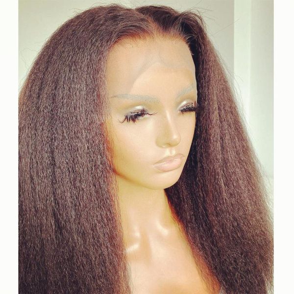 

heat resistant lace front wigs middle part kinky straight preplucked wig for women brown synthetic hair, Black