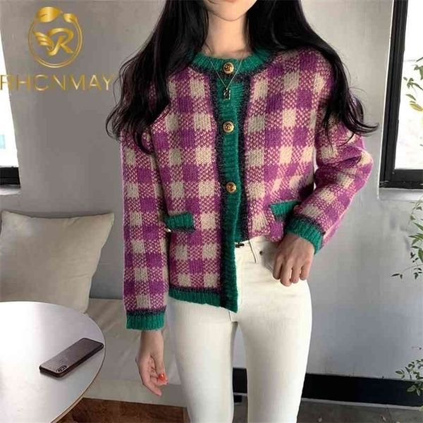 

korean autumn winter knitted sweaters lady vintage plaid knit cardigan female fashion sweater coat for women clothing 210520, White