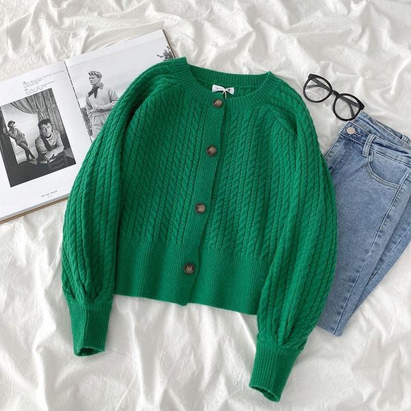 

women's knits & tees green loose twist sweater spring 2021 fashion solid color long sleeve single breasted round neck cardigan top, White