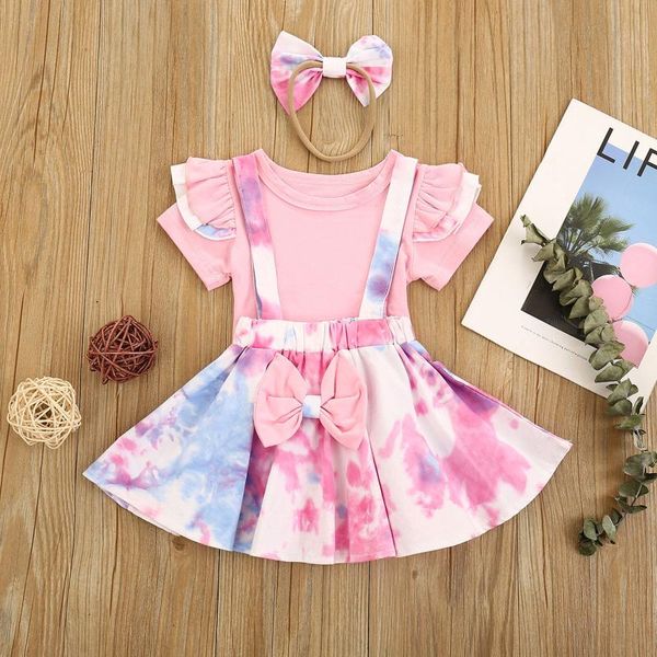 

clothing sets #vw kids baby girl summer sweet suit short sleeve bow tie-dye suspender skirt outfits set children girls ropa niÃ±a, White