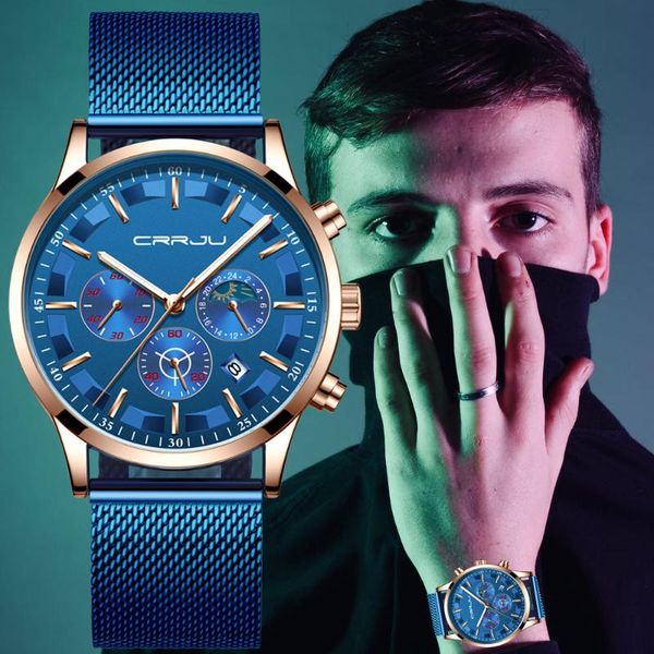 

wristwatches crrju men watch quartz chronograph classic wristwatch mens blue mesh casual waterproof watches man clock, Slivery;brown