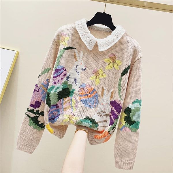 

women's sweaters 2021 autumn winter long sleeves turn down collar cartoon knitted womens knitting sweater a4400, White;black