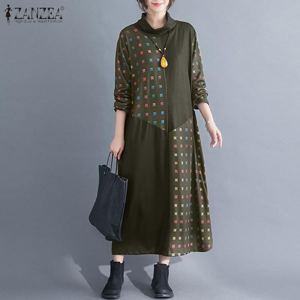

spring turtleneck sundress casual long sleeve dress zanzea women vintage printed patchwork vestido femme tunic robe kaftan dresses, Black;gray