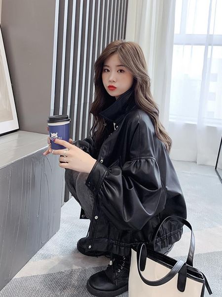 

casual short pu leather women's autumn and winter all-match korean version loose large size motorcycle jacket fashion jackets, Black;brown
