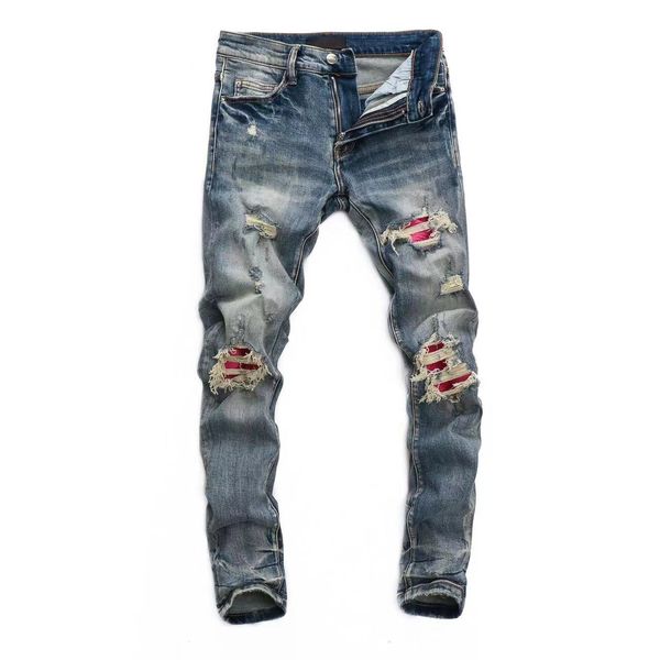 Hochwertige Herren-Jeans mit Reißverschluss und Löchern, lässige Jeans, Reiter, Slim-Fit, Motorradfahrer, Cowboy-Herrenmode