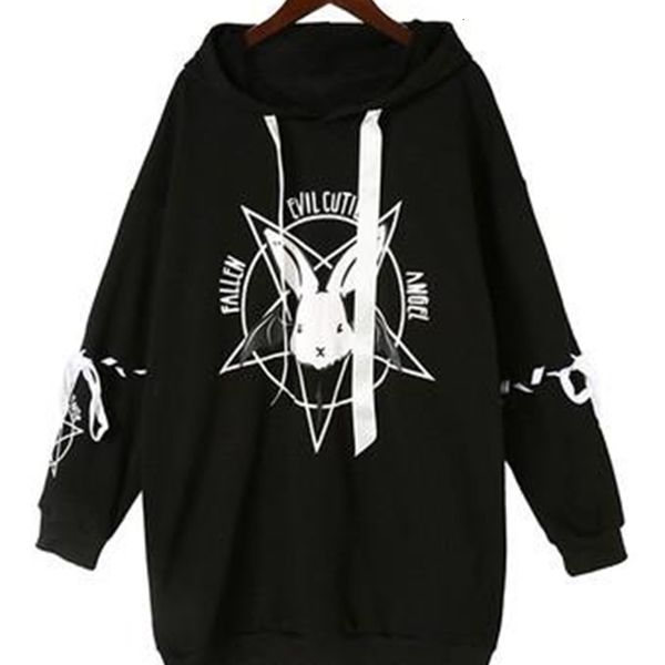 

hoodies harajuku hoodies autumn women new print lace up gothic punk oversize long sleeve hooded sweatshirt pullover streetwear, Black