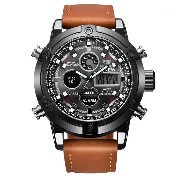

wristwatches fashion digital men leather led watch dual time wrist, Slivery;brown