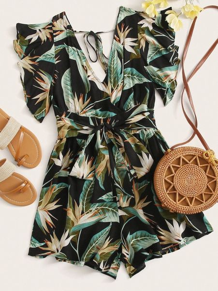 

plus tropical print shirred waist self tie romper w9nl#, Black
