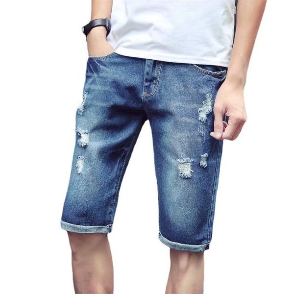 

men's jeans shorts 2021 straight men short hole loose ripped denim pant frayed knee length, Blue