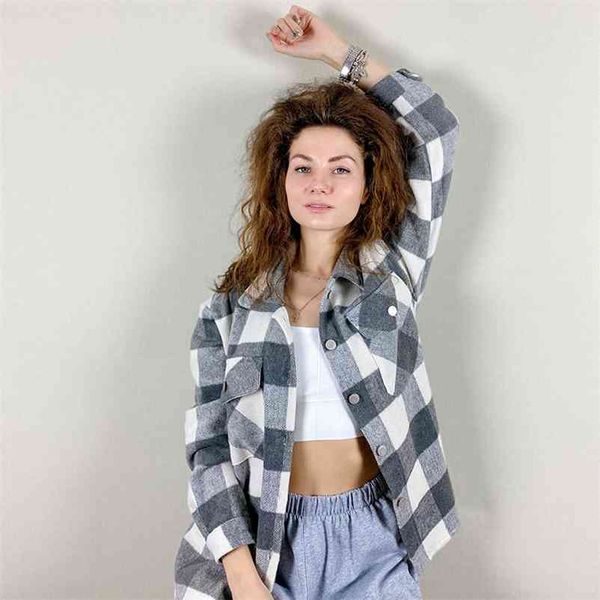 

zxqj streetwear women grey plaid thick shirts autumn fashion ladies pocket shirt female chic loose casual girls blouses 210412, White