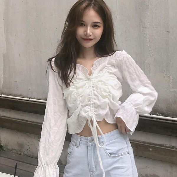 

white v neck elegant womens shirt autumn long sleeve chiffon exposed navel