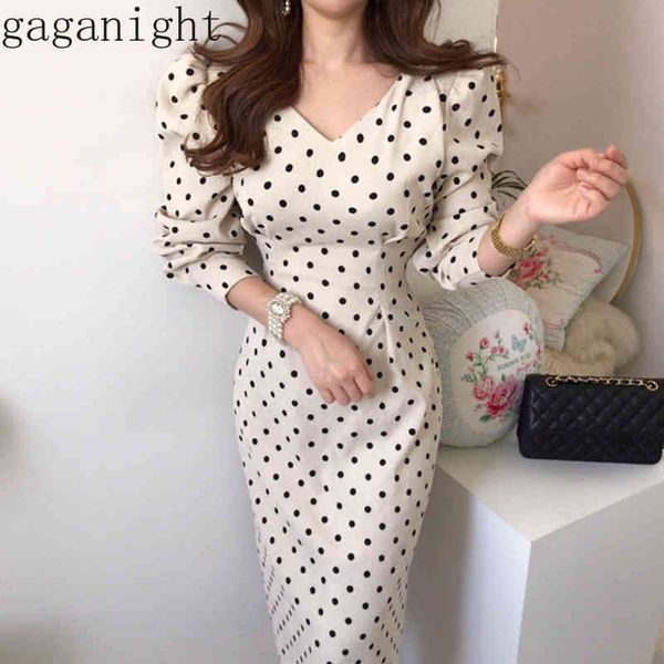 

gaganight vintage elegant polka dot women long dress spring autumn fashion long sleeves dresses v neck slim lace up vestidos 210519, Black;gray