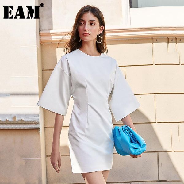 

casual dresses [eam] women white brief temperament shaped dress round neck three quarter sleeve loose fit fashion spring summer 2021 1u697, Black;gray