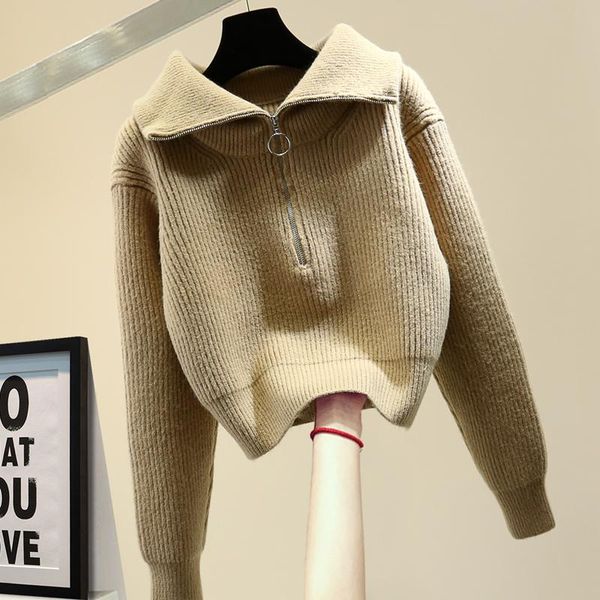 

thickened large lapel high waist cropped 2021 winter clothes loose solid color retro sweaters long sleeve sweater for women women's, White;black