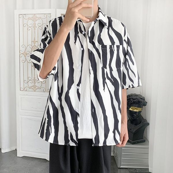 

men's casual shirts striped summer button up shirt hawaiian cardigan korean blouse for men women harajuku clothes alt clothing zebra p, White;black