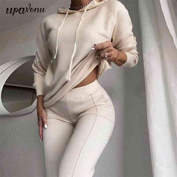 

hoodie knitted sweater set women's casual long sleeve hooded collar & elastic pants two piece 210524, White