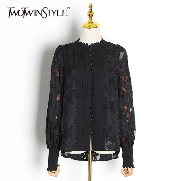 

white patchwork shirt for women stand collar lantern long sleeve casual blouse female fashion clothing 210524