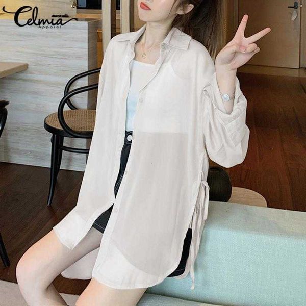 

women's blouses & shirts blouses elegant celmia fashion long sleeve transparent sheer chic casual solid thin blusas femi euh3, White