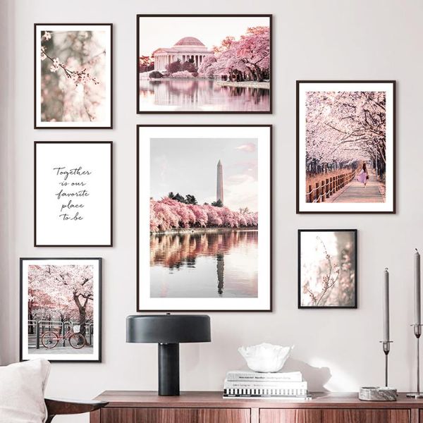 

paintings pink sakura building girl bicycle quotes wall art canvas painting nordic posters and prints pictures for living room decor
