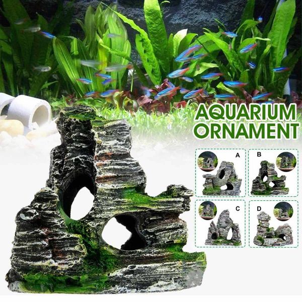 

decorations artificial aquarium mountain fish tank ornament rockery stone hiding cave moss landscape underwater decoration
