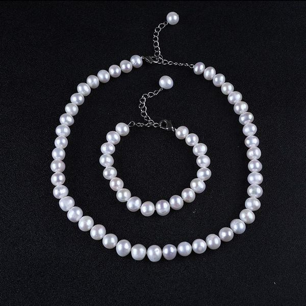 

chains design 7-8mm fashion handmade freshwater baroque pearl necklace bracelet jewelry set, Silver
