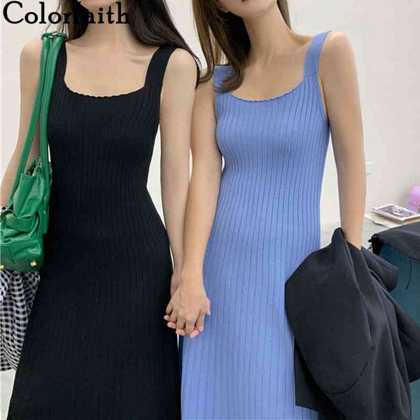 

colorfaith new women's spring autumn dresses knitted fashionable korean style elegant sleeveless vintage long dress dr40054 210413, Black;gray