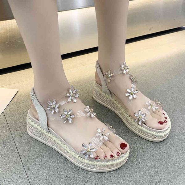 

sandals lucyever pvc clear wedge beach shoes women fashion crystal flower platform woman casual thick bottom mujer ilcn, Black