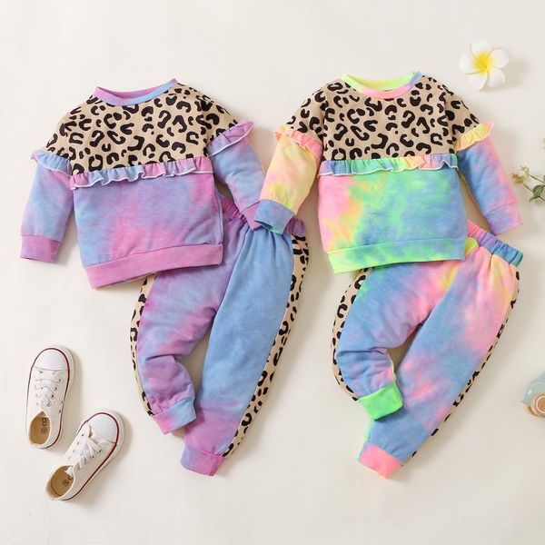 

clothing sets 2 pieces kids suit set, girls tie-dyed leopard print round neck long sleeve + trousers for toddler, 1-5 years, White