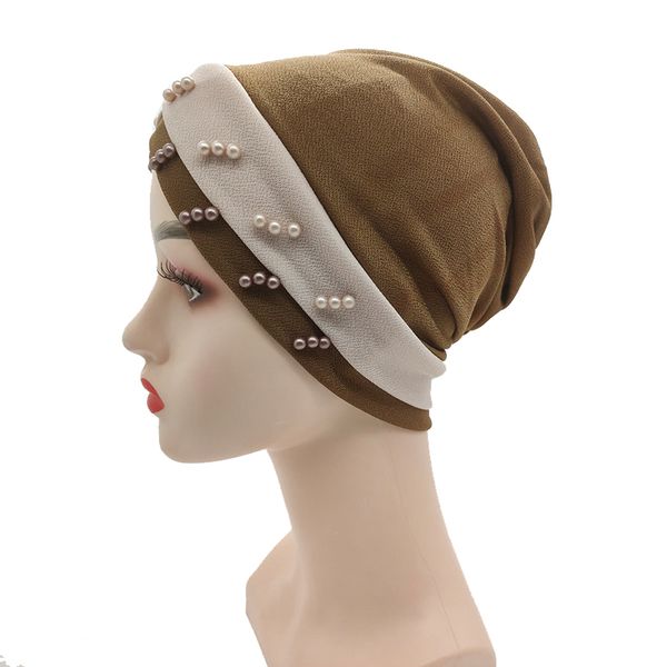 

women elastic velvet pearls turban caps muslim fashion islamic hijab bonnet musulman femme headscarf indian hat turbante mujer, Blue;gray