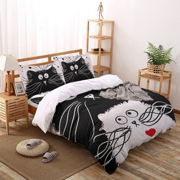 

bedding sets black and white cat duvet cover pillow case bed sheet boy kid teen girl set king  twin full home textile