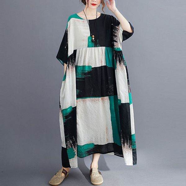 

oversized women cotton linen casual dresses new arrival summer simple style vintage print loose female long dress s2903 210412, Black;gray