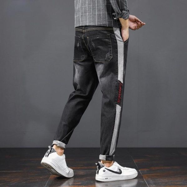

men's jeans four seasons men straight loose stitching pants korean version trend casual trousers, Blue