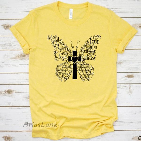 

butterfly jesus cross graphic t shirt women faithful t-shirts cotton plus size tshirt religious christian clothing drop women's t-shirt, White