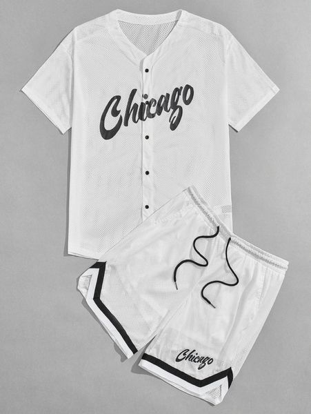 

men letter graphic mesh shirt & drawstring waist shorts r1fr#, Gray